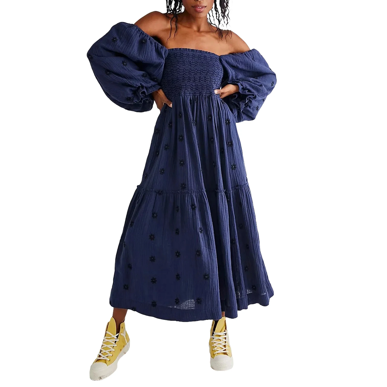 Dames Zomer Casual Lange Jurk 3d Geborduurde Bloemen Jurk Met Vierkante Hals En Pofmouwen, Mode Jurk Met Rugloze A-Lijn