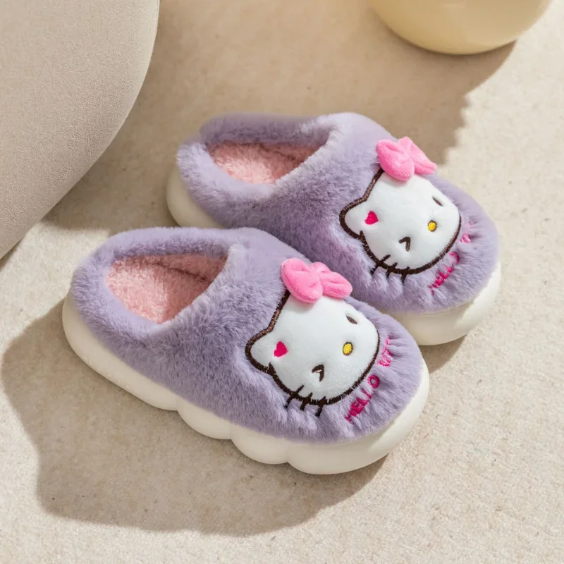 Hello Kitty Cotton Slippers Kawaii Children Winter Warm Plush Shoes Cute Kids Indoor Non-Slip Furry Slippers Warm Slippers Gifts