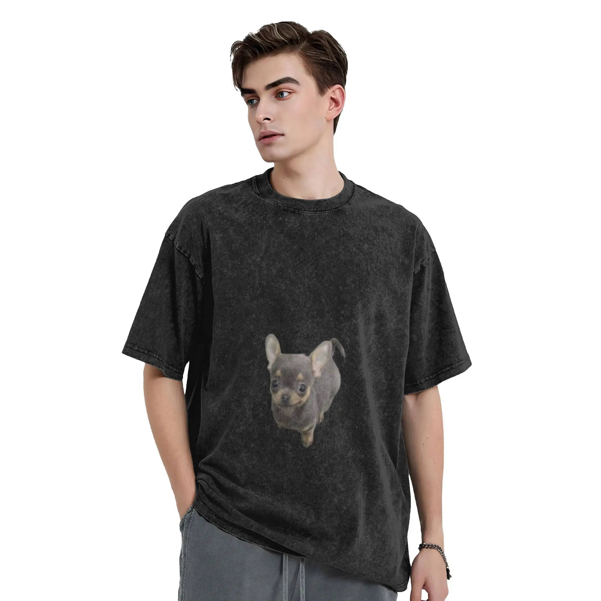 Cute Puppy Reaction Sticker Classic Cool A Washed T Shirt Men's Women's Oversized Cotton Tees Tops
