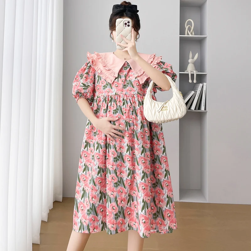 Korean Style Double Layers Peter Pan Collar Puff Sleeve Plus Size Pregnant Woman Floral Dress Knee-length Maternity Dress Loose