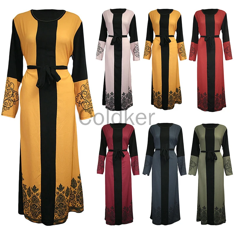 

Halloween Women Elegant Abaya Printed Long Sleeve Splicing Belt Muslim Maxi Dress Turkey Dresses for Women Morrocan Kaftan Dress