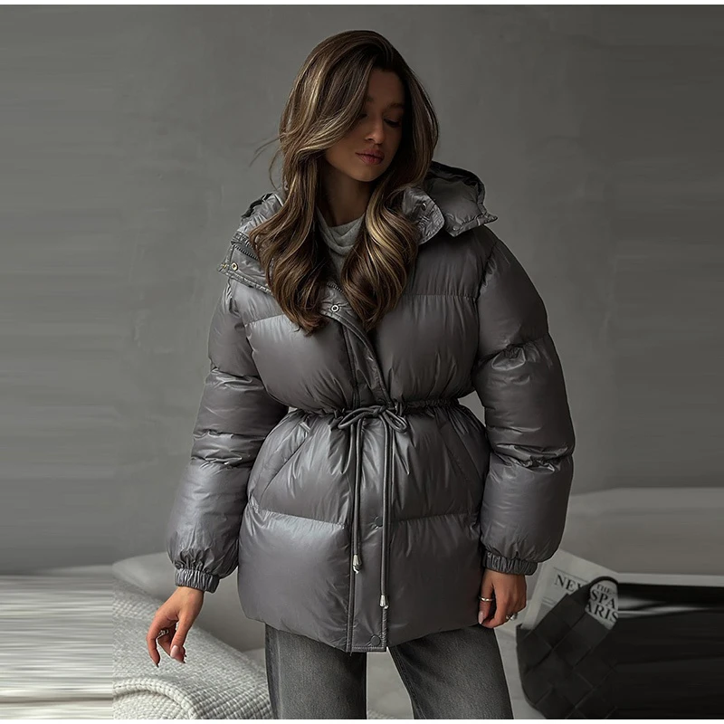 Fashion Solid Drawstring Cotton Jacket Women Chic Long Sleeve Zipper Loose Hooded Coat Winter Lady Warm Daily Street Outwear