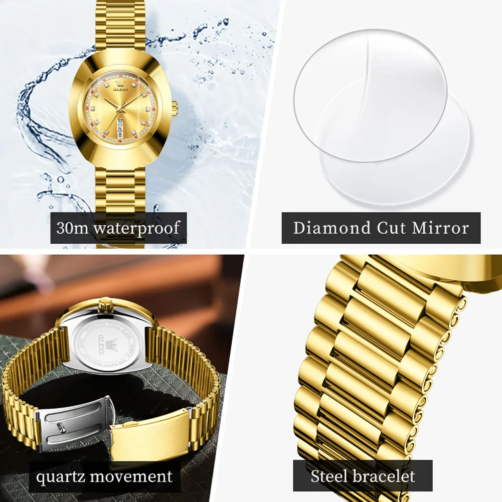 OLEVS New Luxury Golden Watch for Women Tungsten Steel Case Waterproof Wristwatch Diamond Scale Top Original Quartz Ladies Watch