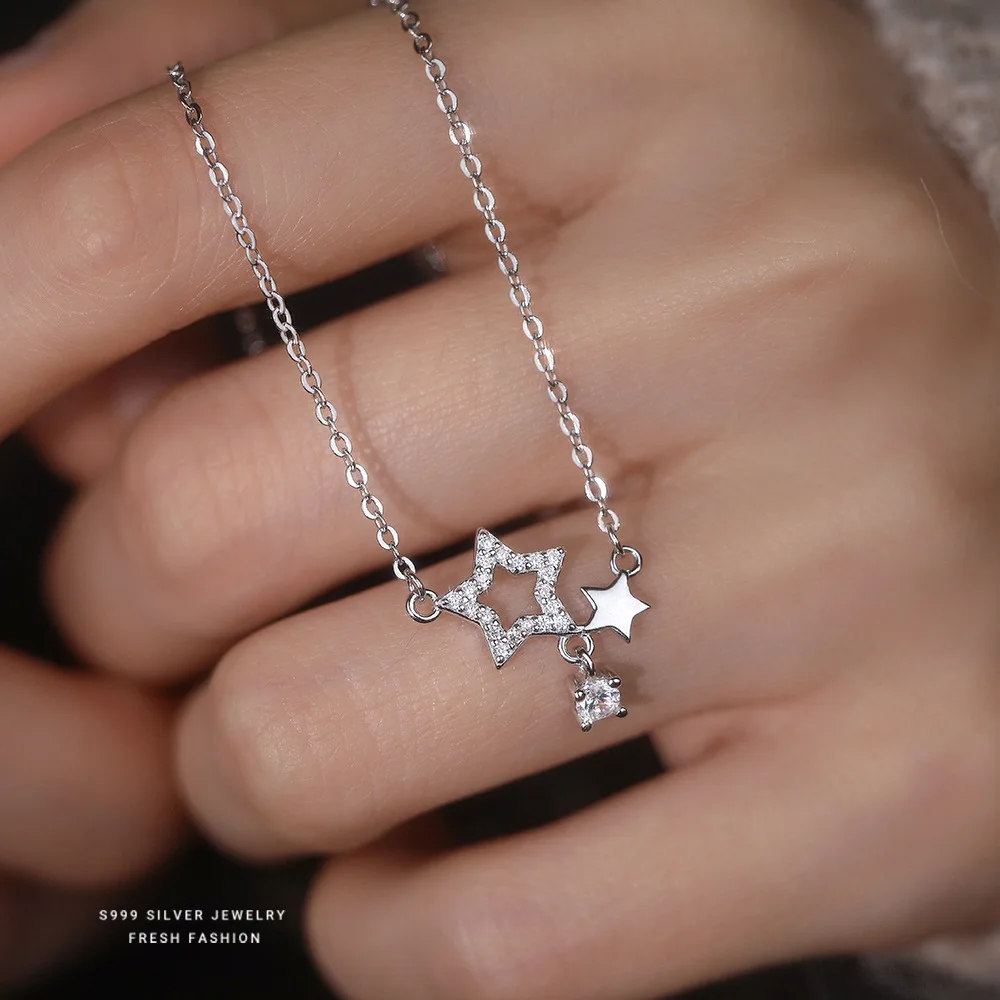

S999 Full Silver Star Cubic Zirconia Design Pendant Necklace Luxury High Shiny Exquisite Chokers