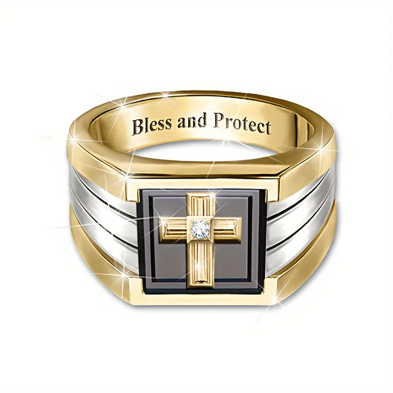 Retro Bless and Protect Cross Rings for Men Luxury Two Tone Black Color Micro Zircon Drip Oil Finger Ring Trend Religion Jewelry