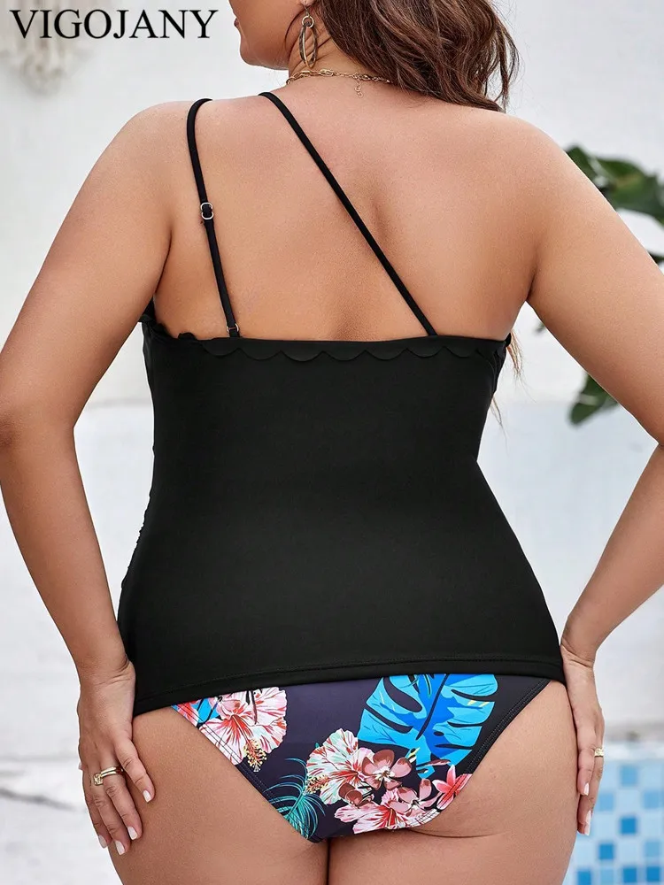 VigoJany 2024 Verge One Shoulder Plus Size Tankini Set Women High Waist Push Up Swimsuit Backless Summer Beach Bathing Suit