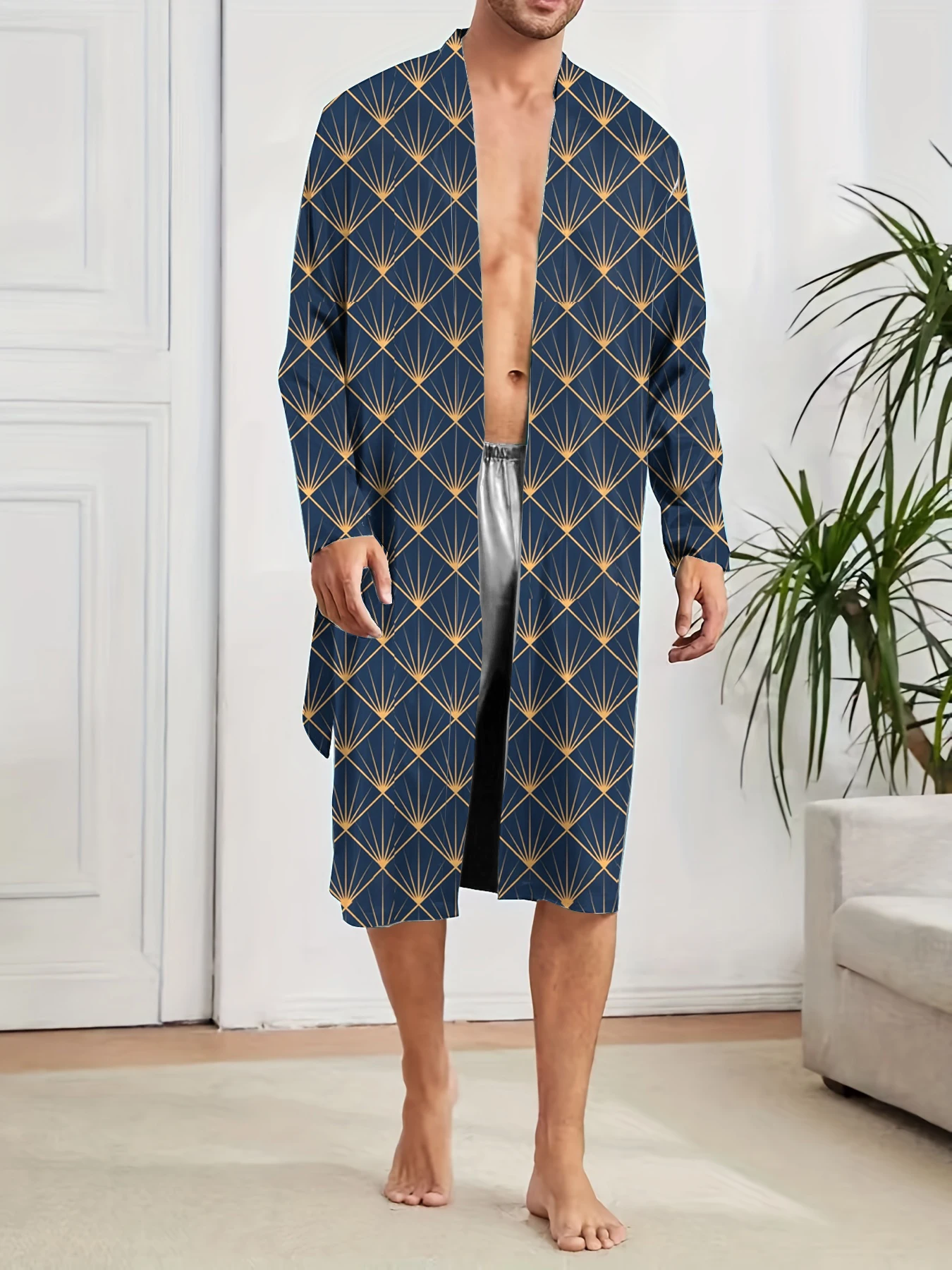 رداء منزلي عصري للرجال للربيع والخريف، رداء حمام رجالي سريع الجفاف مطبوع رقميًا كاجوال مريح للنوم