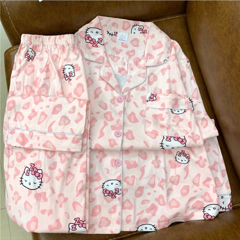 Hello Kitty Leopard Print Pajamas Pajama Pants Suit Spring and Autumn Casual Cardigan Long Sleeve Home Wear Suit for Women