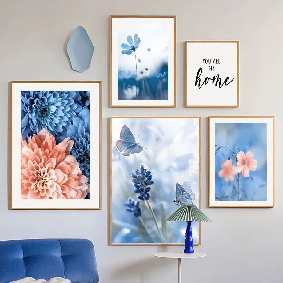 Wall Art Blue Tone Dandelion Peony Orchid Flower Oil Painting Spring Poster and Printmaking Living Room Home Decoration Pictures