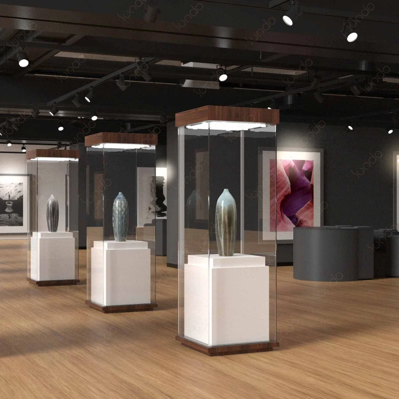 Sondo Galeria de arte Exibição de vidro temperado, design personalizado, luxo antigo organizador, luz LED, chuveiro para Mear Artwor