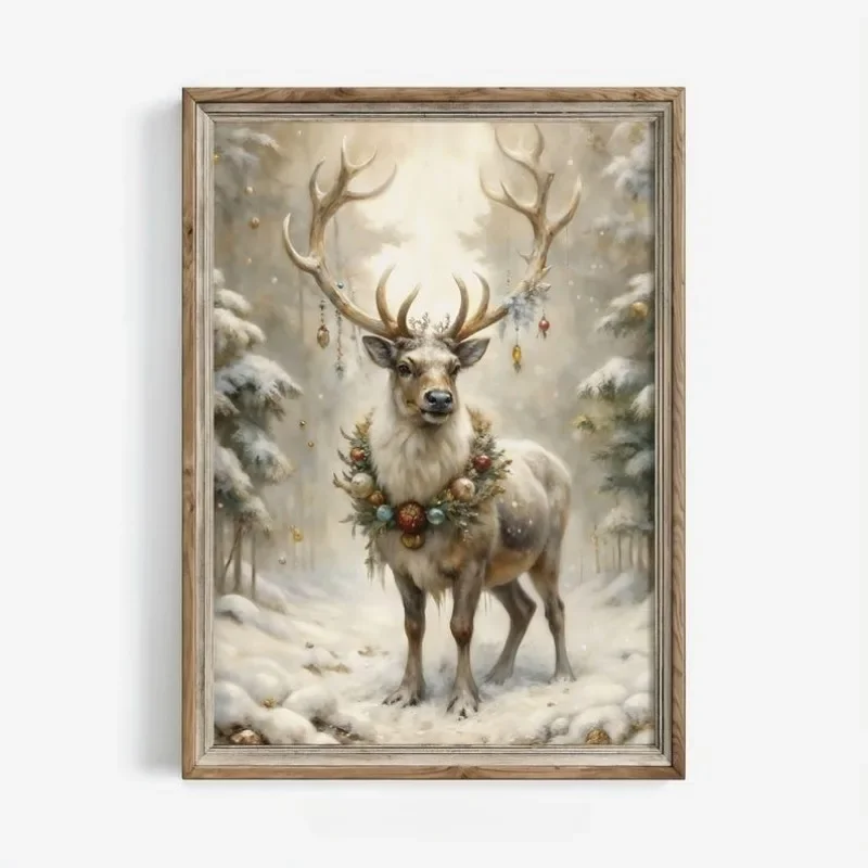 Multiple sizes 1pc frameless Canvas Painting,1pc frameless Canvas Painting Noble Reindeer Winter Print Large Christmas Wall Art,