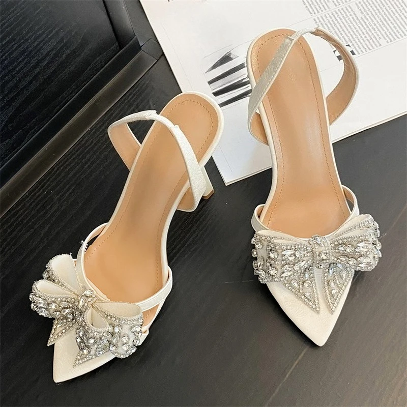 

Aneikeh 2025 Summer New Pointed Pumps Sexy Banquet Fashion Rhinestone Bow Sandals Party Wedding Banquet Prom Slingbacks Shoes