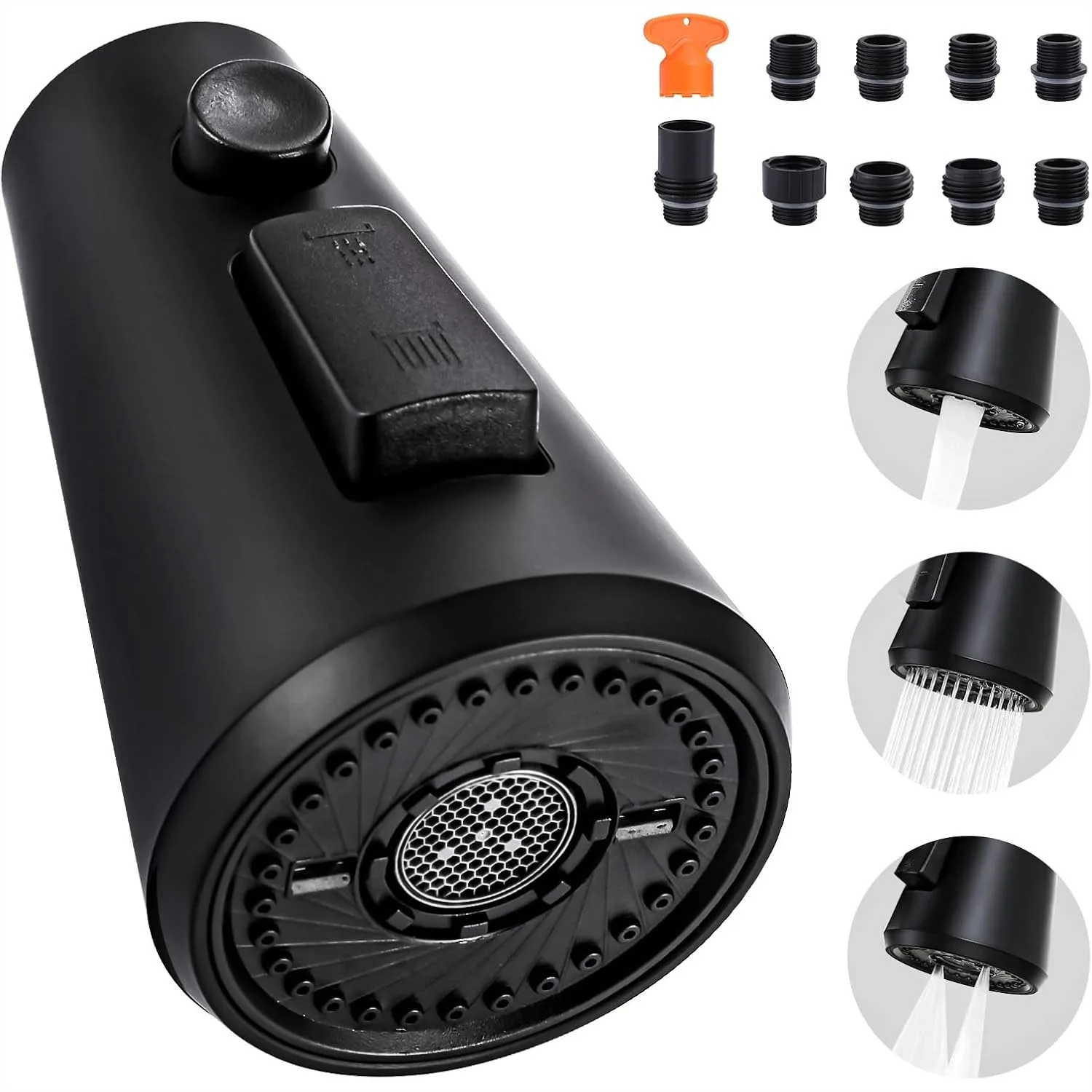 

Pull Down Kitchen Faucet Head Replacement, 3-Function Sink Spray Nozzle with 9 Adapters for Most Faucets, High Pressure Rinsing