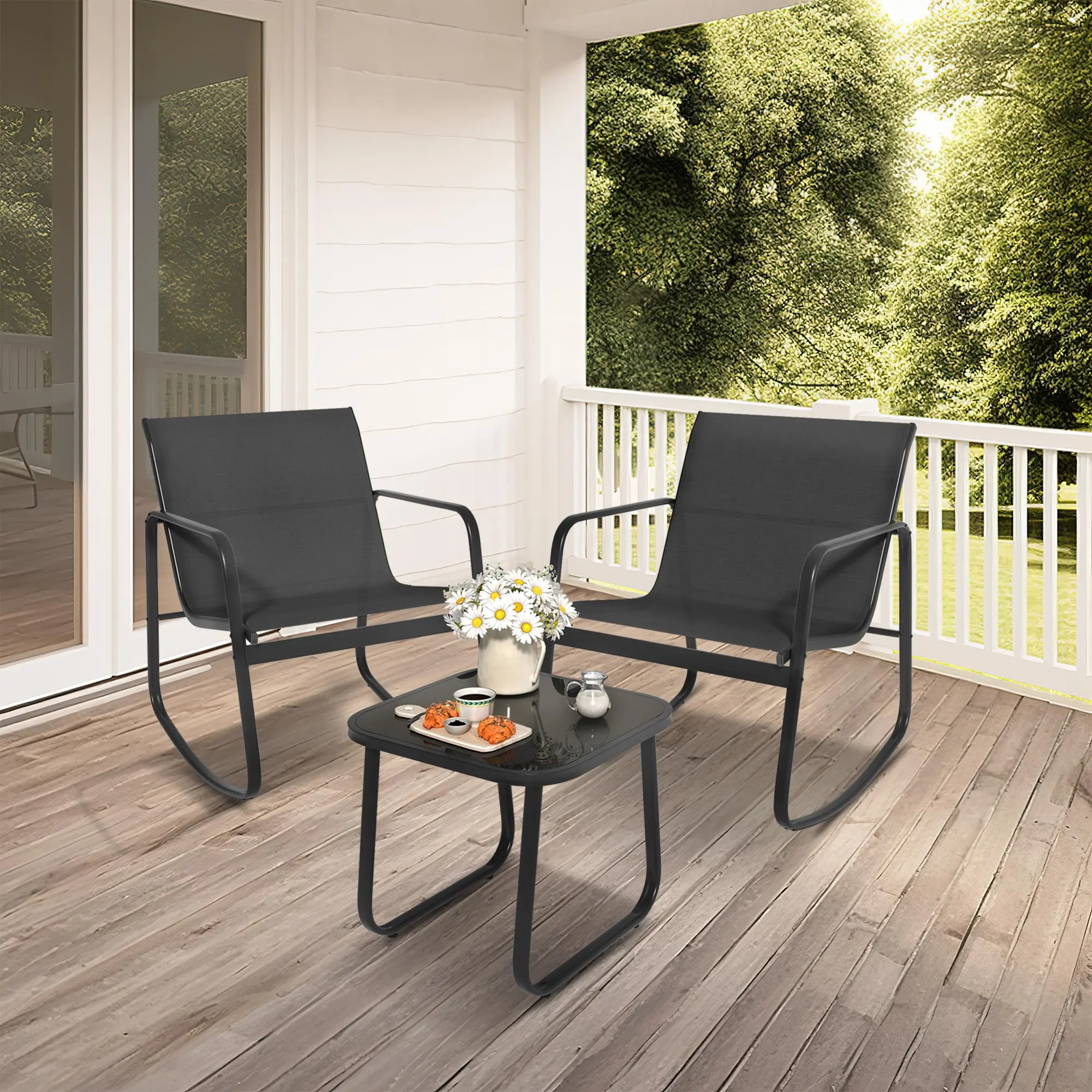 3 Piece Outdoor Rocking Bistro Set Textilene Fabric Small Patio Furniture Set