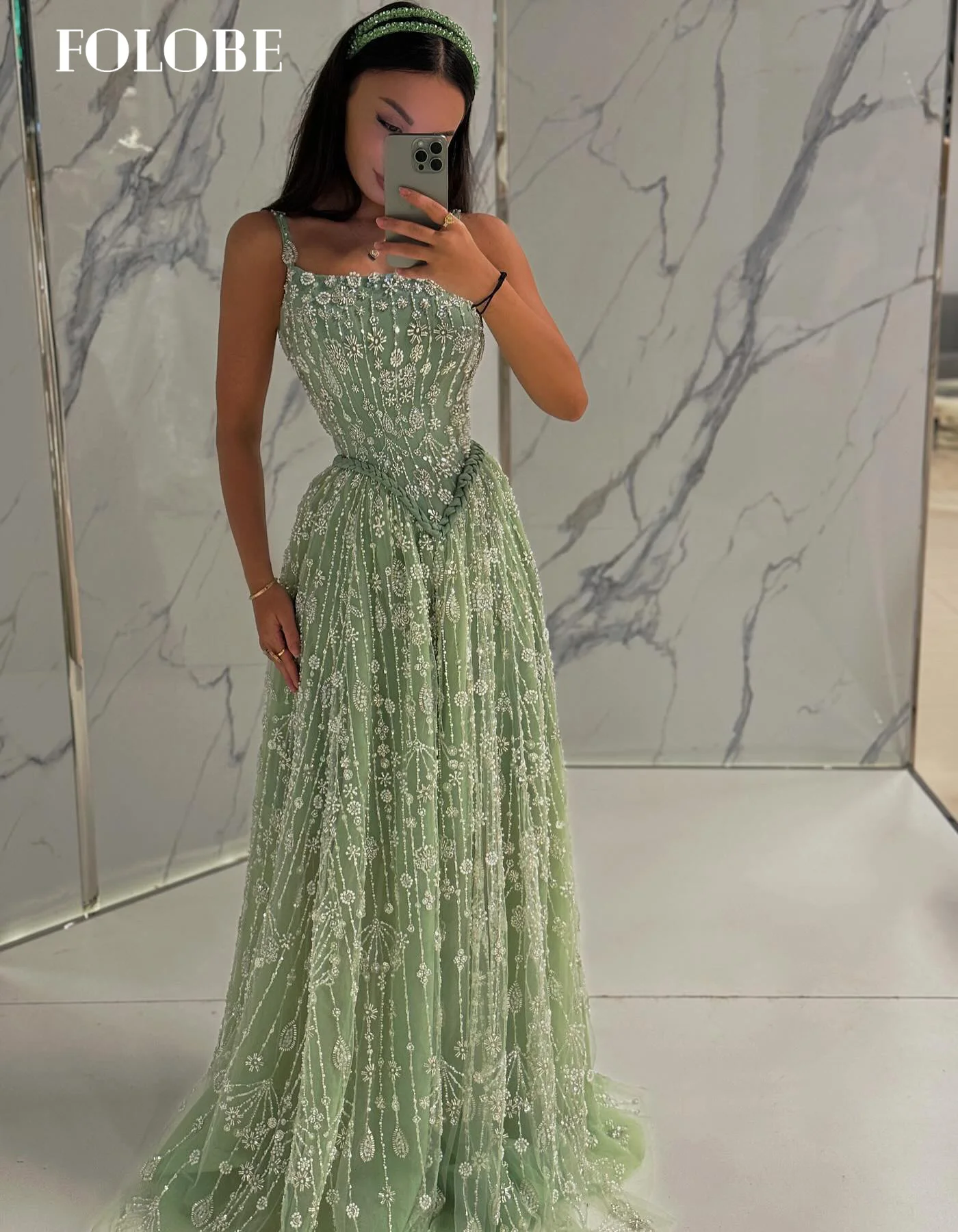 FOLOBE เซจสีเขียวเอ-ไลน์ชุดราตรีคริสตัลมุกผู้หญิงที่สง่างามชุดแต่งงานชุดราตรีที่กำหนดเอง