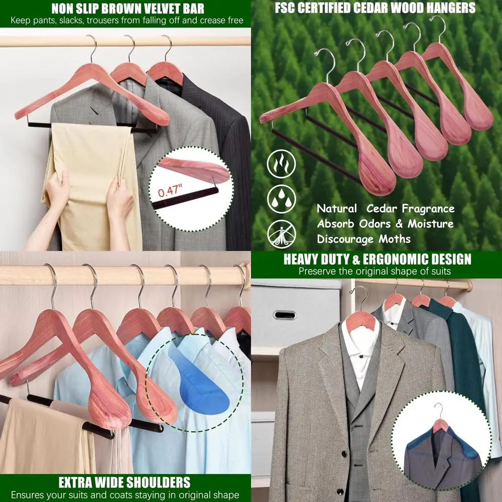 

10-Pack Extra Wide Shoulder Wooden Coat Hangers with Aromatic Cedar and Non-Slip Velvet Pant Bar