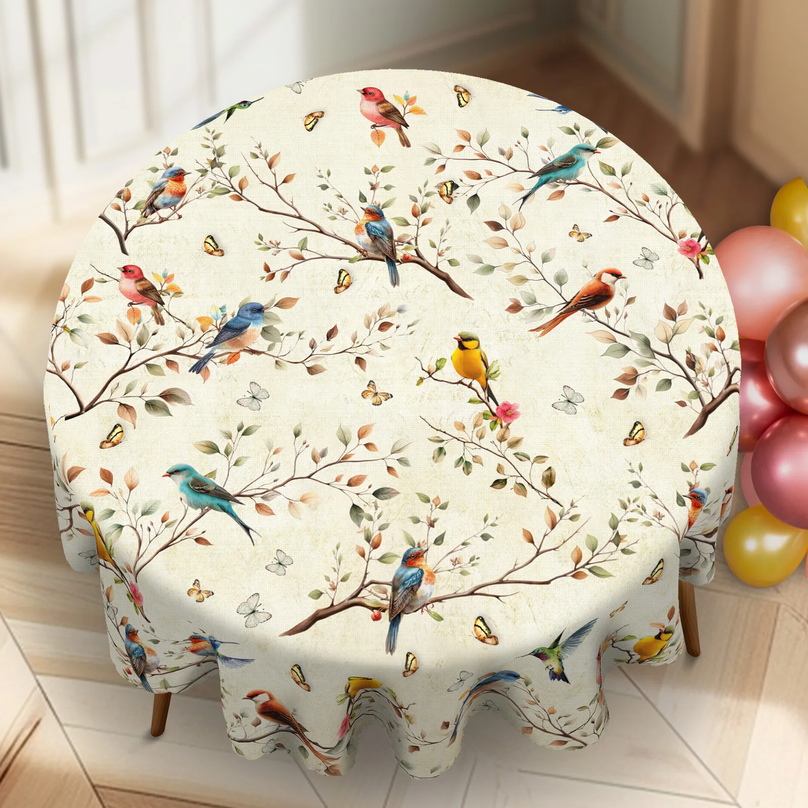 1 Piece of Round/Visect Retro Autum Bird Polyester Tablecloth + 4Pcs Self-Adhesive, Bird Pattern Tablecloth, Various Birds Standing on Branches, Butterfly Print Pattern, Suitable for Home Kitchen, Living Room Dining Table Balcony Coffee Table, Holiday Table Decoration Tablecloth, Outdoor Picnic Decoration, Coffee Table Top Decoration Tablecloth, Perfect Holiday Gift, Spring, Summer and Autumn and Winter Decoration Tablecloth