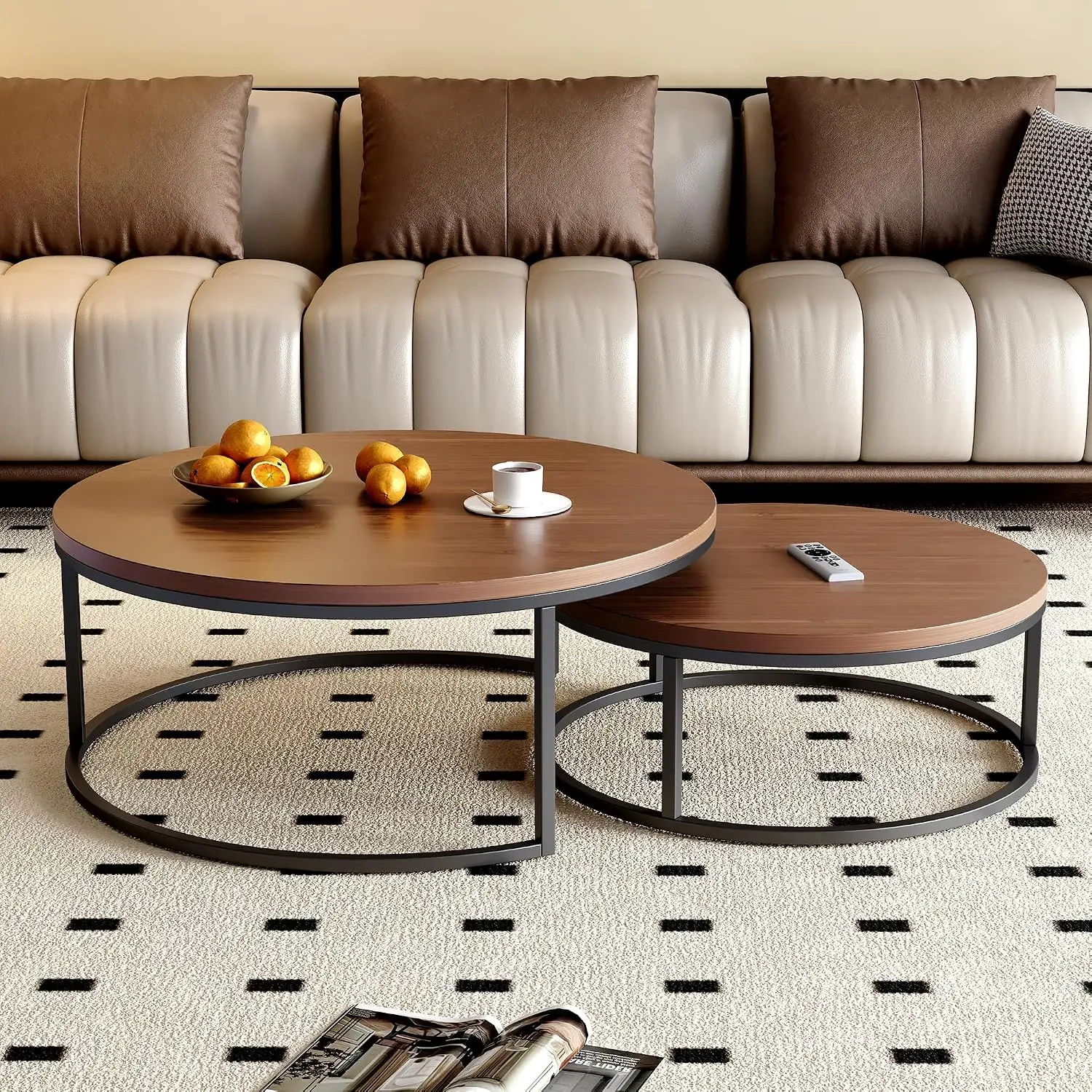 Round Nesting Wood Coffee Table Set Living Room Walnut, Customized