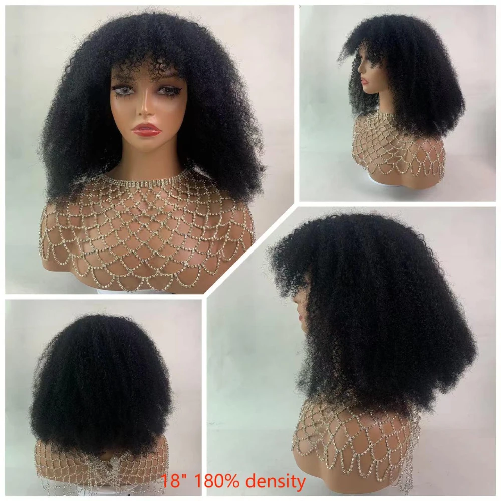 4B 4C Afro Wigs Human Hair With Bangs Glueless Wig 180% 220% Density Short Curly Human Hair Wigs Ready To Wear Brazilian Hair