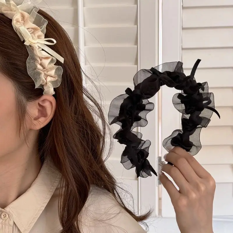 

Sweet Bow Ribbon Tulle Ruffle Headband Korean Style High Crown Hair Band Cute Scalloped Edge Hair Accessory for Schoolgirl