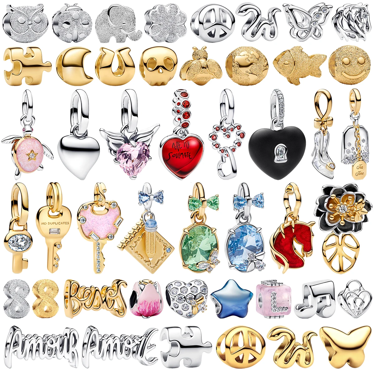 

925 Silver Metal Charms Pendant Beads Key Owl Snake Heart High Heel Gem Flower Sphere Turtle DIY Bracelet Necklace Parts Jewelry