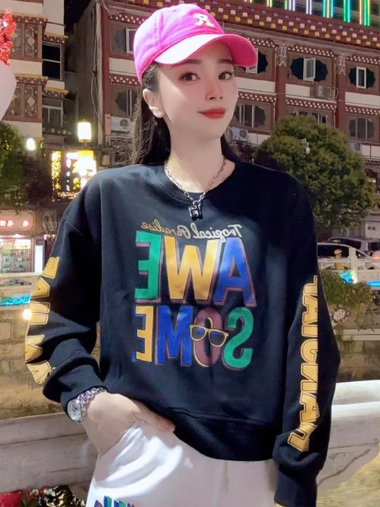 Cotton round Ne Letter Print Sweatirt Women's Spring Autumn New Design Versatile Long Sve Top Comfortable Loose Fit