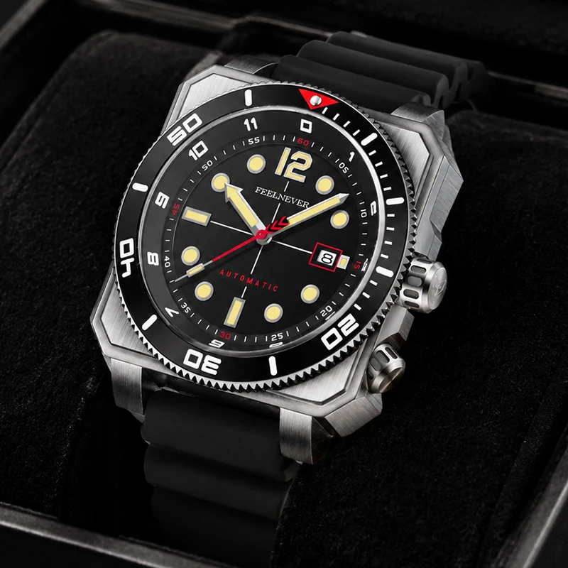 FEELNEVER Automatic Watches for Men Fashion Business Silicone Waterproof Men's Mechanical Wristwatch Sapphire Diver Watch Men