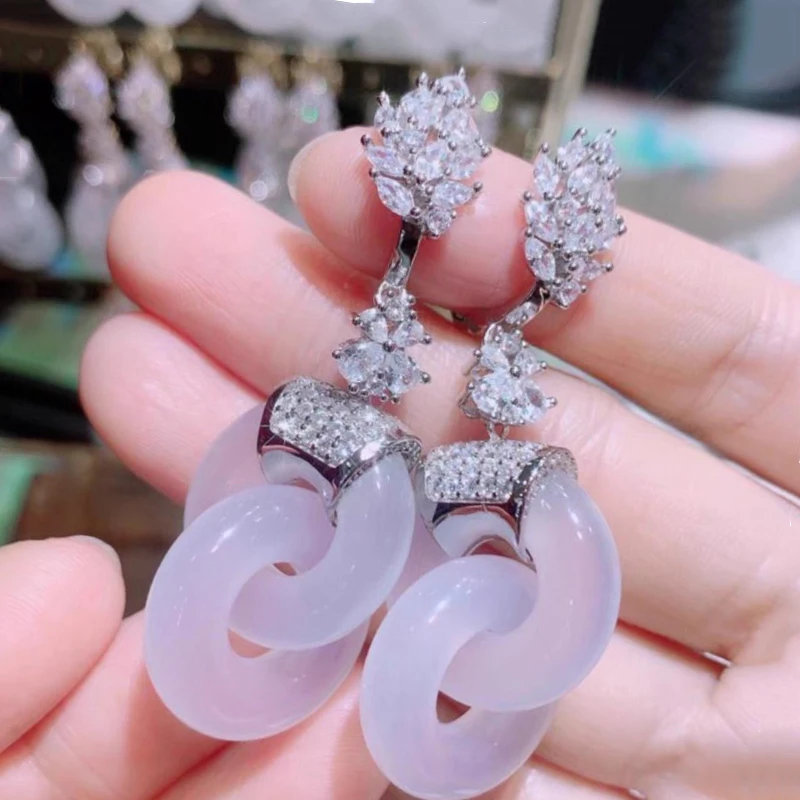 New natural hetian jade Interlocking pink earrings for women luxury and romantic present engagement dinner Silver jewelry