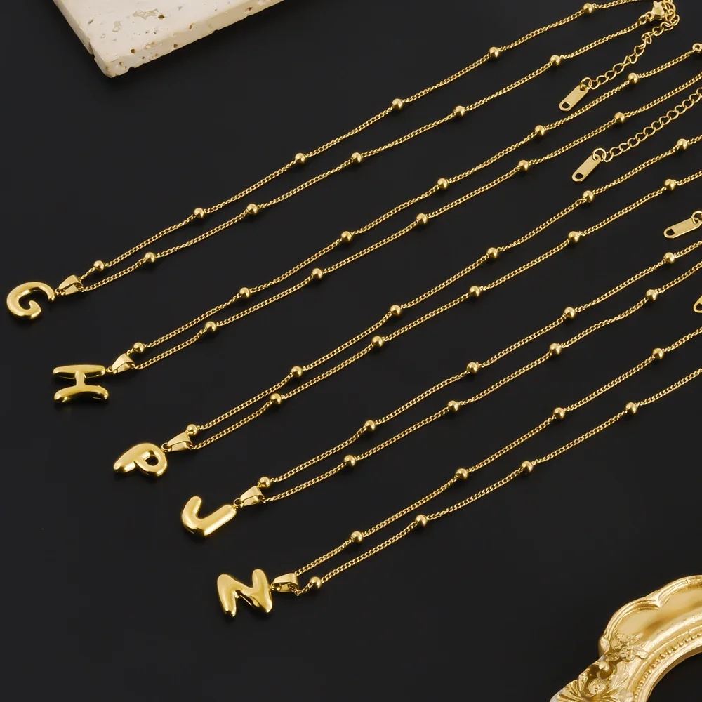 Cute Balloon Letters Necklace A-Z Initial Alphabet Stainless Steel Necklaces For Women Men Pendant Jewelry 40+5cm Beaded Chains