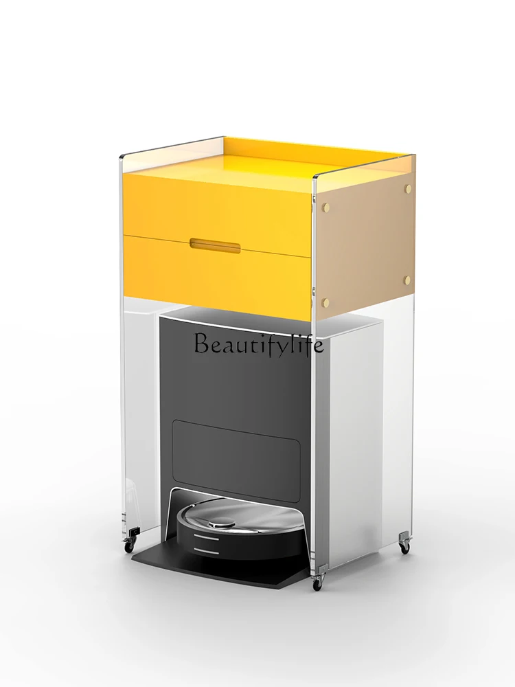 

Sweeping Robot Storage Rack with Wheels beside Sofa Acrylic Quality Luxury Side Table