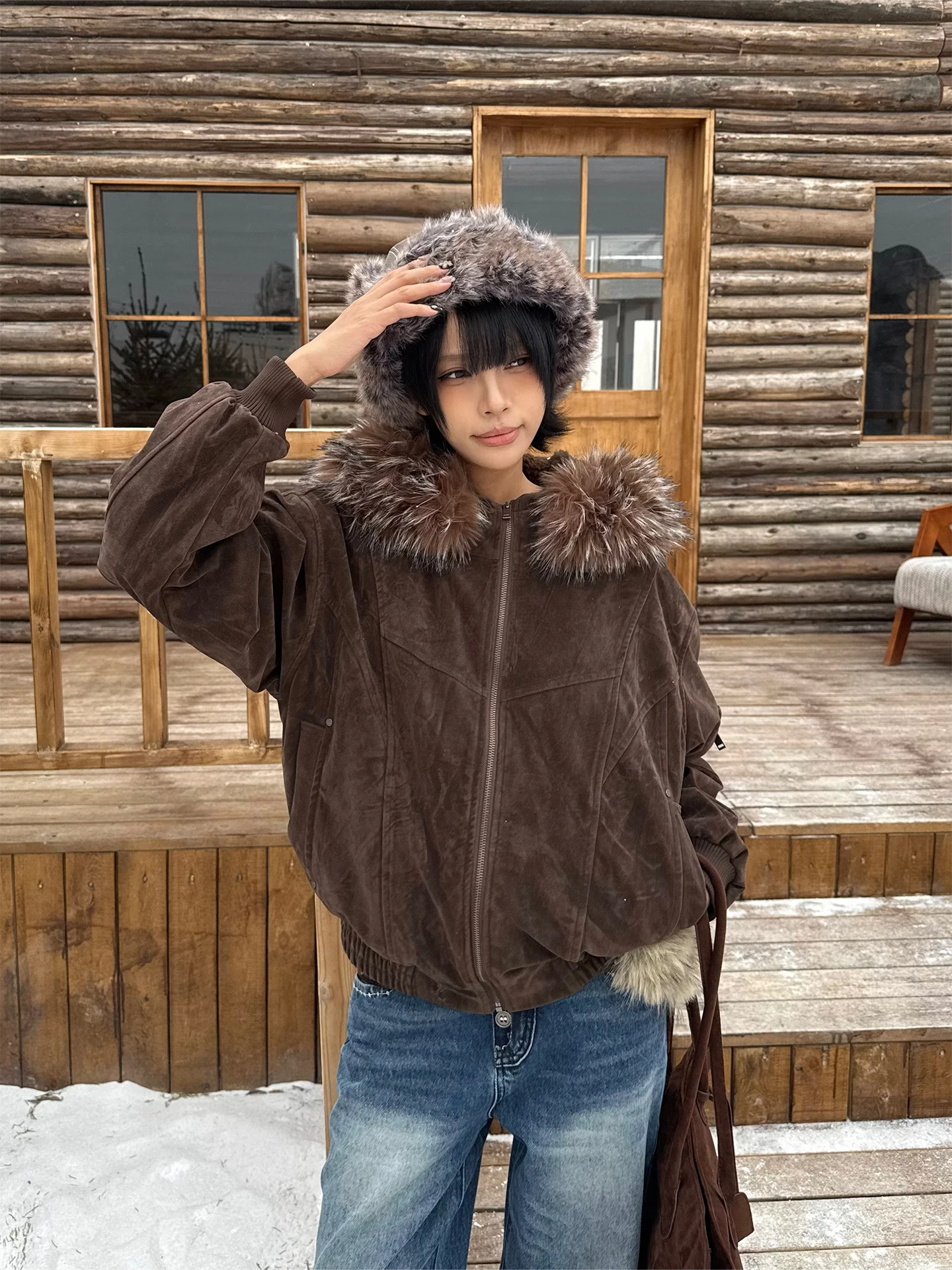 

Don Cry Suede Fur Collar Jaet American Sle Retro Design Winter Cotton Coat for Couples Trendy Streetwear Loose Fit Zipper...