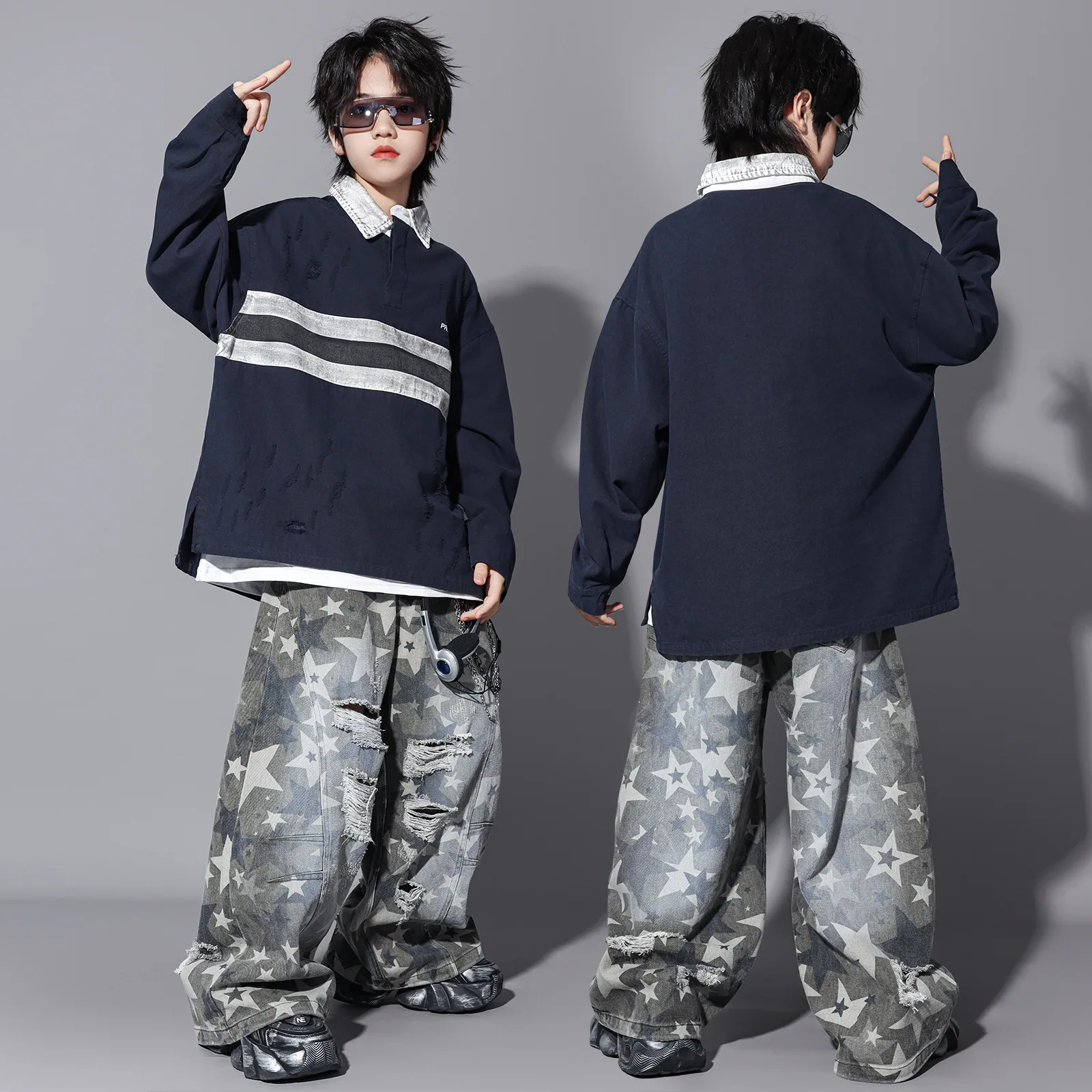 Children Boys Girls Polo Shirts Ripped Baggy Pants Sets Kids Streetwear Hip Hop T-shirt Trousers Tracksuits Stage Show Costume
