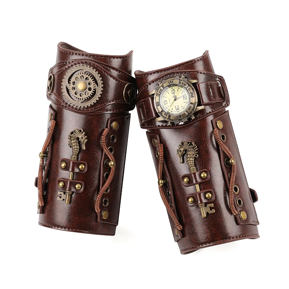 Relógio Steampunk pulseira armadura para homens, bracelete vintage, bracelete viking, cavaleiro pirata, acessório de pulso Halloween