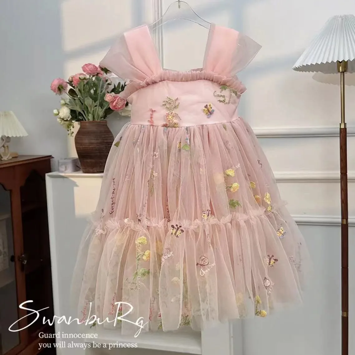 

Girl Summer Floral Fairy Dress Flower Embroidery Evening Ballerina Performance Dress Suspender Mesh Tulle Dress Girl Clothes