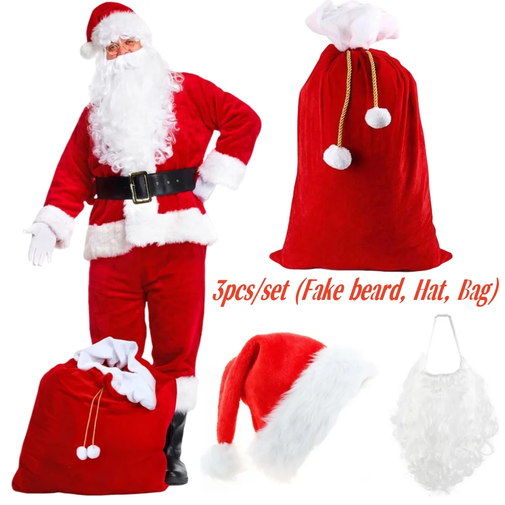 Conjunto de disfraz de Navidad con barba de Papá Noel, 3 unids/set (barba larga falsa y sombrero de Papá Noel, bolsa de almacenamiento), accesorios para disfraz de barba de Papá Noel