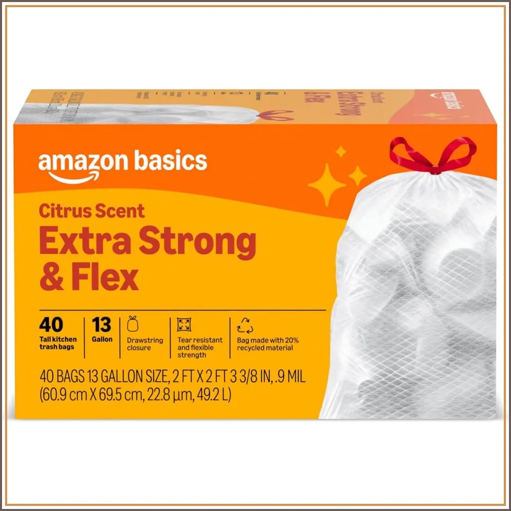 Extra Strong Tall Kitchen Drawstring Trash Bags, Citrus Scent, 13 Gallon, 40 Count