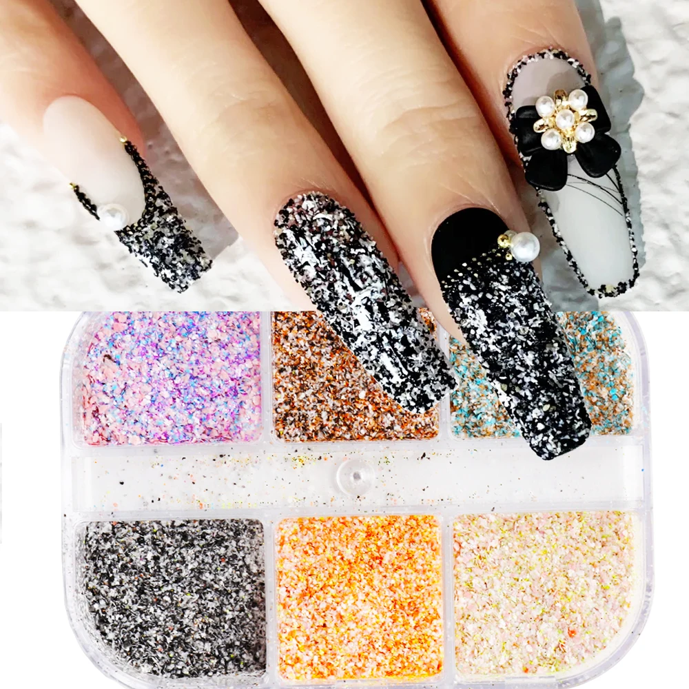 6Grids Shiny Woolen Sugar Powder Nail Tweed Powder Iridescent Glitter Candy Charms Nail Art Winter Rub Dust Decoration GLMN01-02