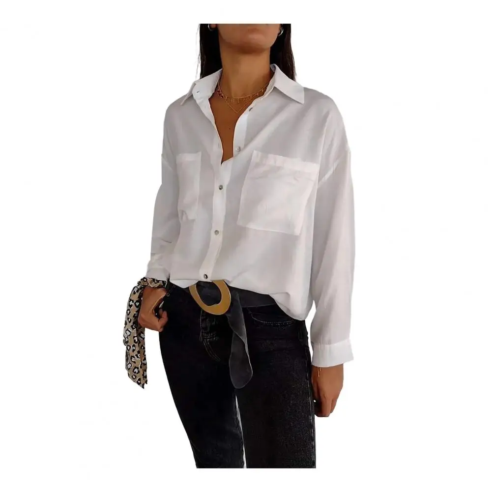 Casual Women Top Elegant Lapel Long Sleeve Women's Shirt with Patch Pockets Solid Color Loose Fit Office Lady Top for Women