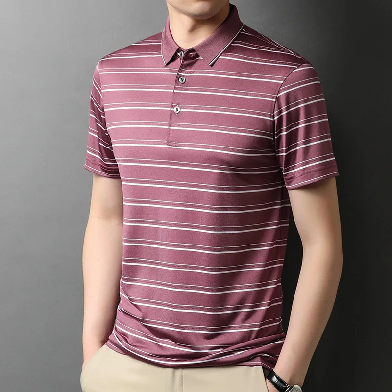 

2022 Mulberry Silk Male Polo Shirts Luxury Short Sleeve Business Casual Striped Thin Men's T-shirts Summer Golf Man Tees 3XL