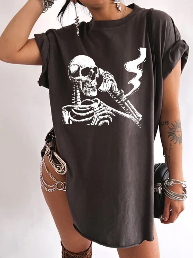 Seeyoushy Funny Talking Phone Skull Print Women T Shirt Drop Shoulder Side Slit Shirt Harajuku Vintage Femme T Shirt Top Clothes