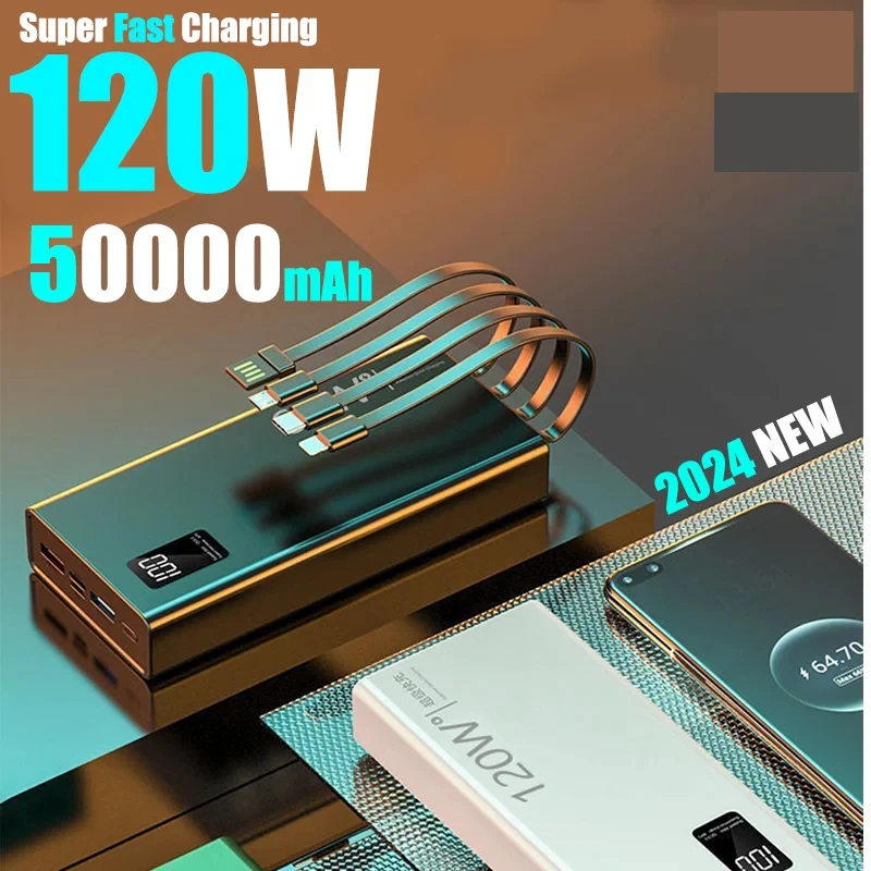 

120W 50000mAh High Capacity Power Bank 4 in 1 Fast Charging Powerbank Portable Battery Charger For iPhone Samsung Huawei