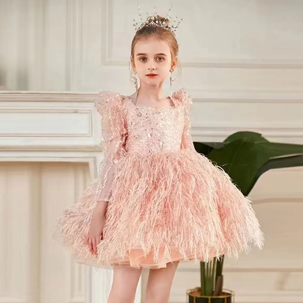 Dreamy Vow Elegant Pink White Yellow Baby Girl Dress Long Sleeves Feather for Kids Holiday Princess Party Short Ball Gown J161