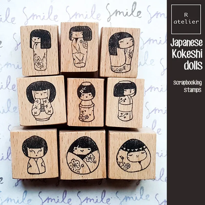 Mini Scrapbooking Wooden Stamp Japanese Kokeshi Dolls Japan Culture Diary Decoration Cute Journaling Wooden Stamps