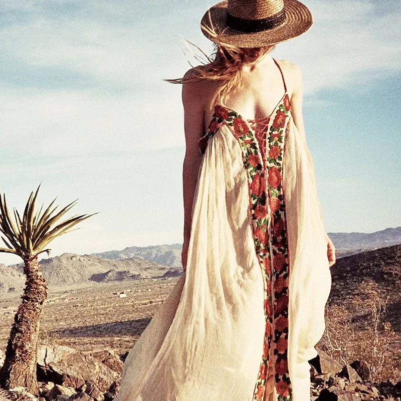 KHALEE YOSE Floral Embroidery Boho Maxi Dresses Summer Beach Dress Off Shoulder Cotton Hippie Gypsy Vintage Sexy Holiday Dress