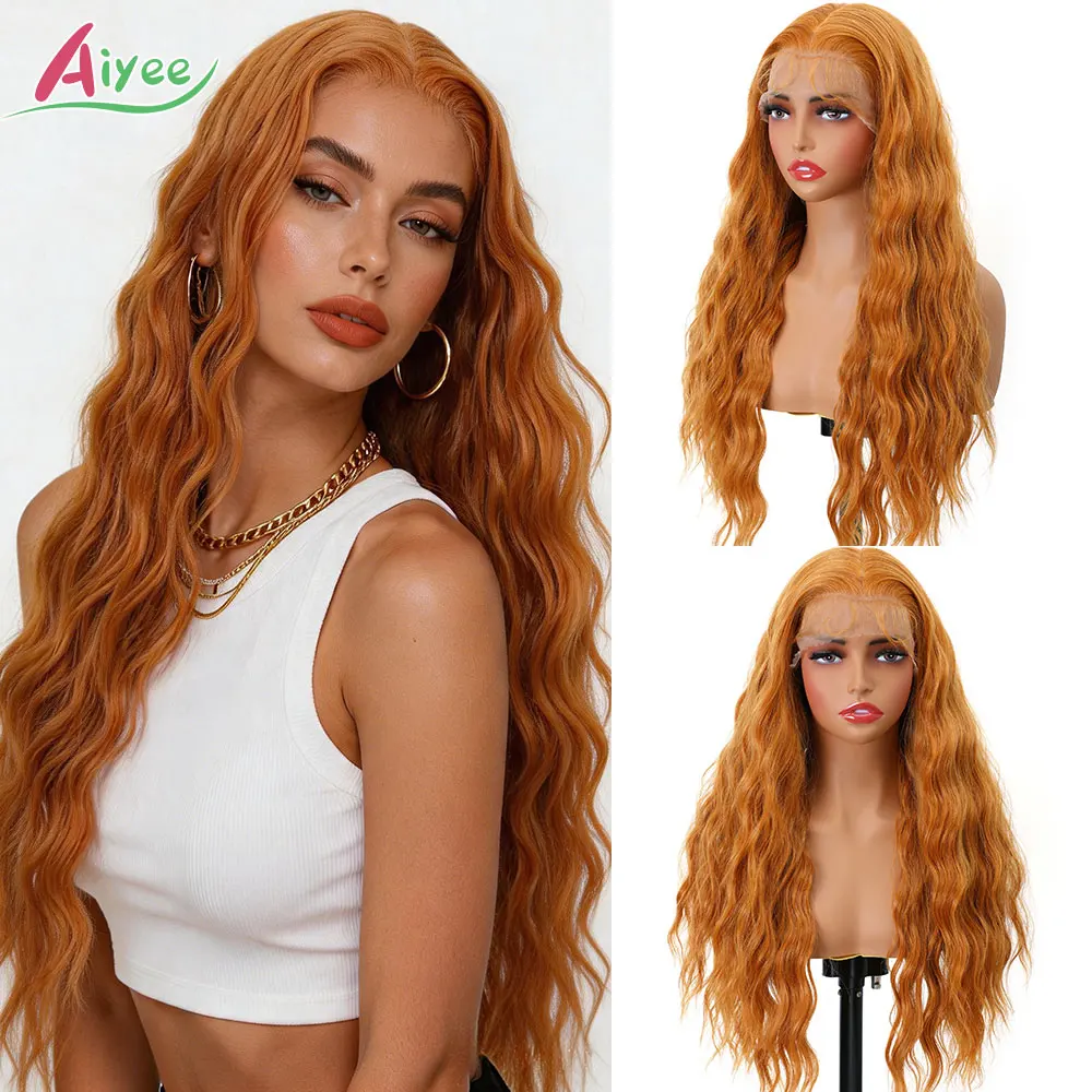 28 Inch 13x4 Wavy Lace Front Wig Ash Silver Ginger Black Copper Ombre High Temp Fiber Synthetic Hair Cosplay Hairpiece Women