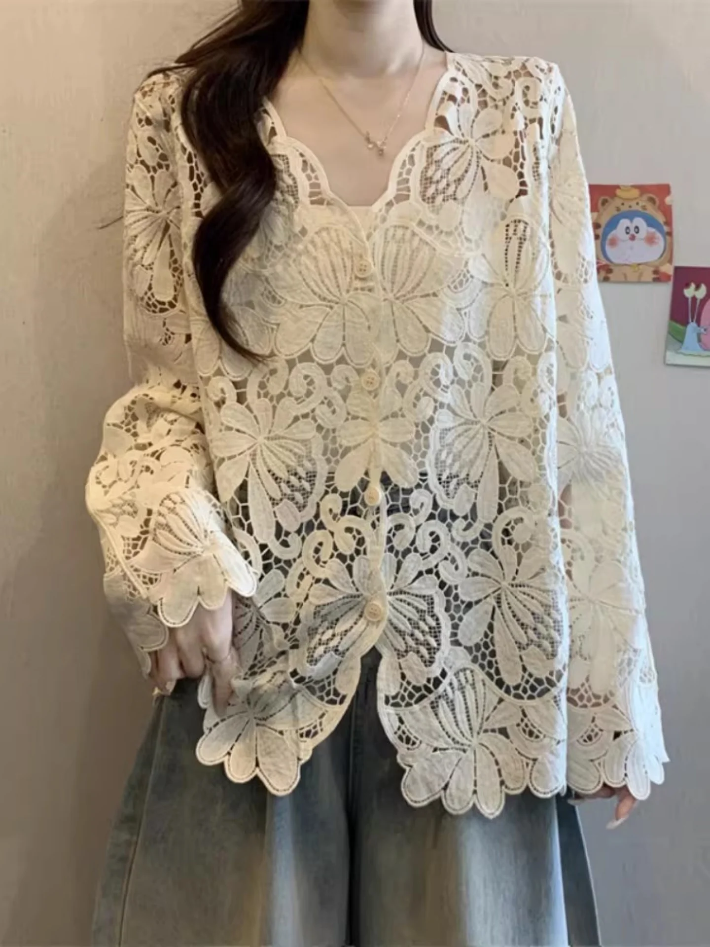 

Women's V-Ne Long Sve Knitted Open Cardigan Hollow out Design Spring Faion plus Size Beautiful Top Casual Wear