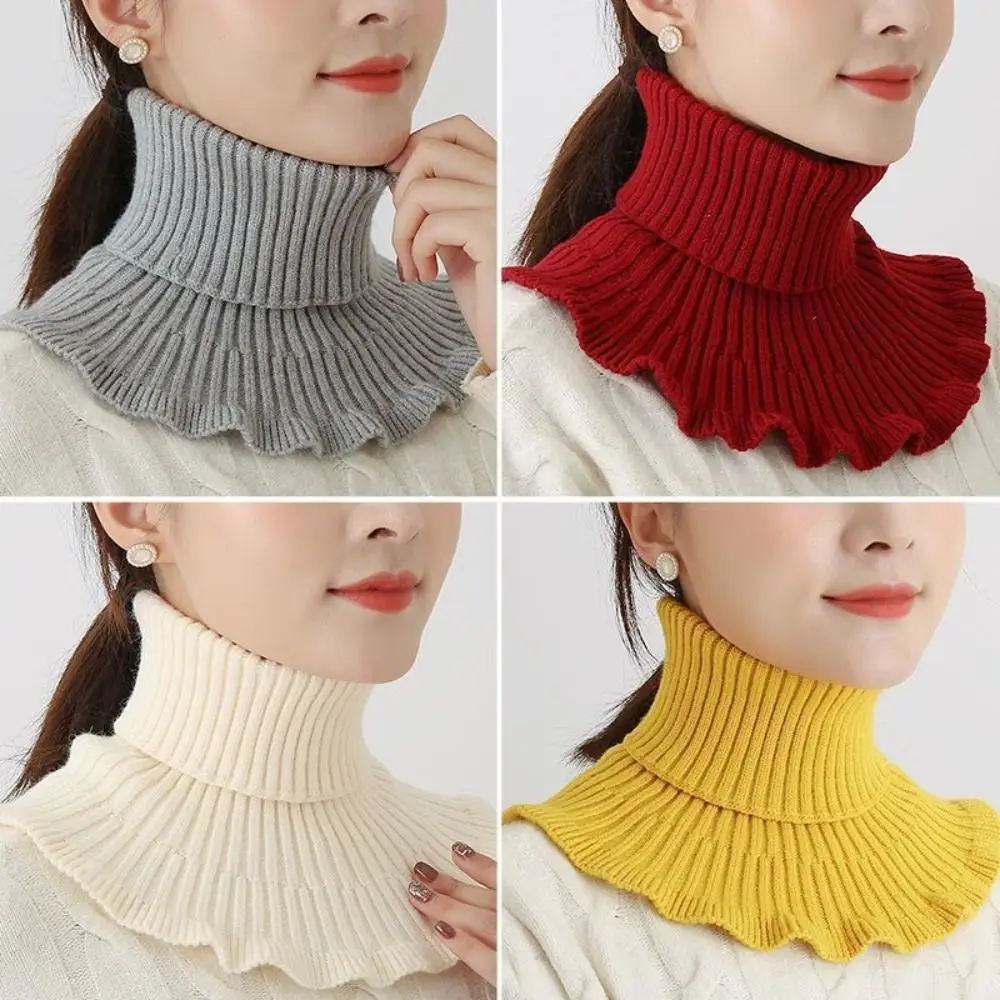 Knitted Fake Collar Scarf Women Warm Turtleneck Detachable False Collar Winter Windproof Scarf With Wooden Ears