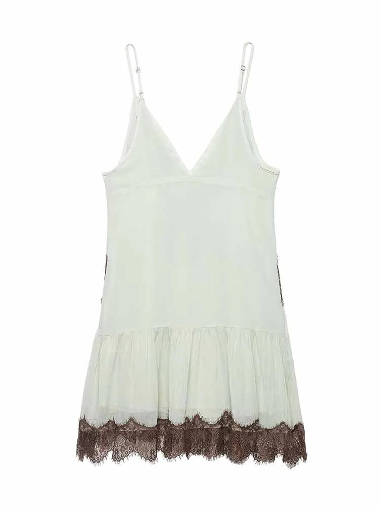 

HH Woman Spring Fashion Sleeveless V Collar Lace Decoration Splicing Sexy Short Dress Female Casual Soft Elegant Sling Dress