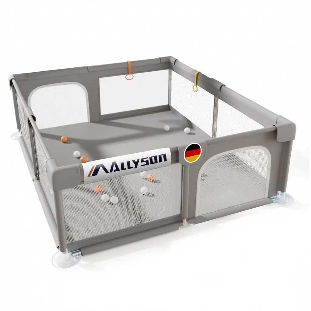 Allyson® Laufstall & Laufgitter Baby (Grau, 130 x 130cm) | Werkzeugfrei in Minuten aufgebaut, Metallrahmen, 210D-Oxford-Gewebe, kippsicher & rutschfest, Reiselaufstall für unterwegs