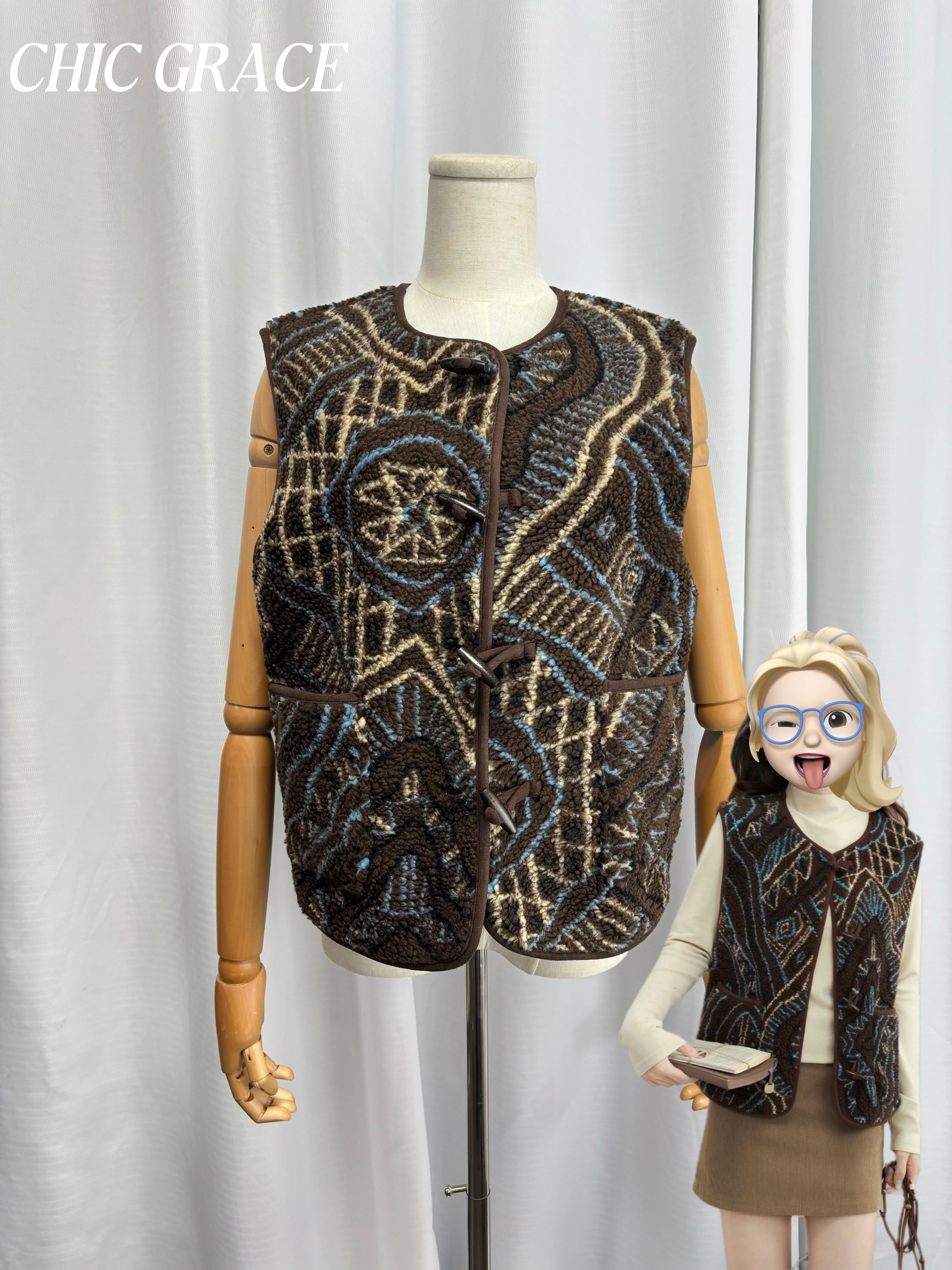 Real shot 2025 Retro Women's Fleece Vest Faux Fur Integrated Horn Button Coffee Color Thickened Sleeveless Waistcoat Casual Oute